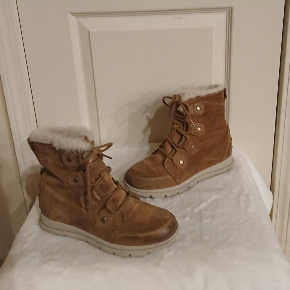 Sorel Women's Explorer Joan Boots Suede Camel Brown 7 Gorpcore Utility Classic